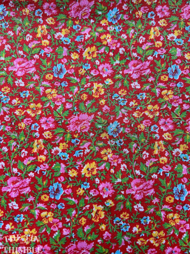 Vintage Calico Fabric / Red Fabric / Vintage Fabric - By the Yard - Cotton Fabric / Red Yellow Floral / Small Print / Small Floral Print
