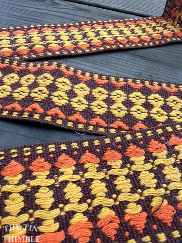 100% Cotton Vintage Embroidered Trim - Brown, Yellow and Orange - 1 Yard