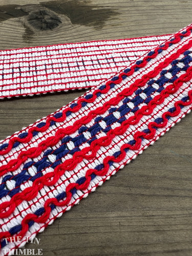 Vintage Embroidered Trim - By the Half Yard - 100% Cotton Authentic Vintage Trim - Red and Blue