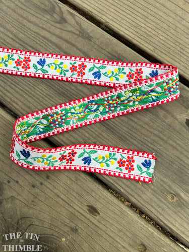 100% Cotton Vintage Embroidered Trim - Red, Blue, Yellow, Green and White Floral Trim - Sold by the Half Yard