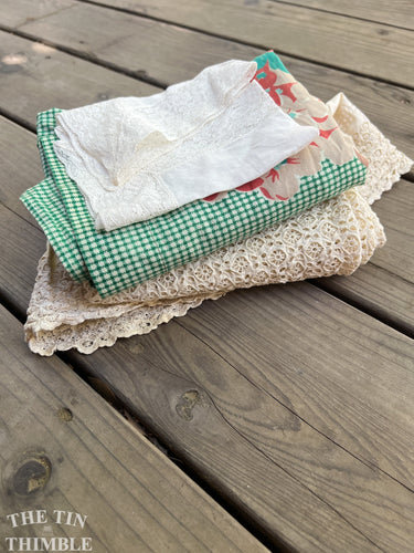 Vintage and Antique Linen Scrap Bundle - Grab Bag of Flawed Doilies, Tablecloths, Napkins, Bits and Pieces, Lace and More - LSB33