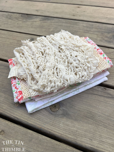 Vintage and Antique Linen Scrap Bundle - Grab Bag of Flawed Doilies, Tablecloths, Napkins, Bits and Pieces, Lace and More - LSB34