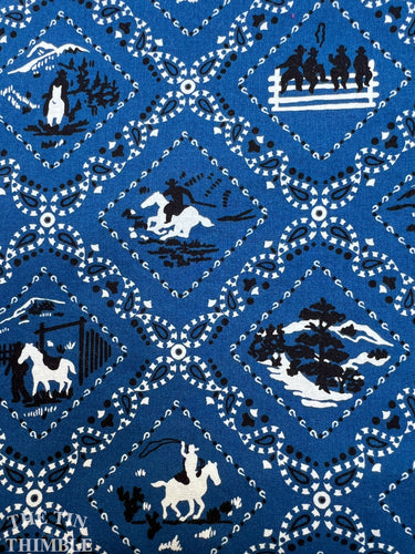 Vintage Blue Handkerchief/Bandana Cowboy Print Fabric - By the Yard - 100% Cotton - 43