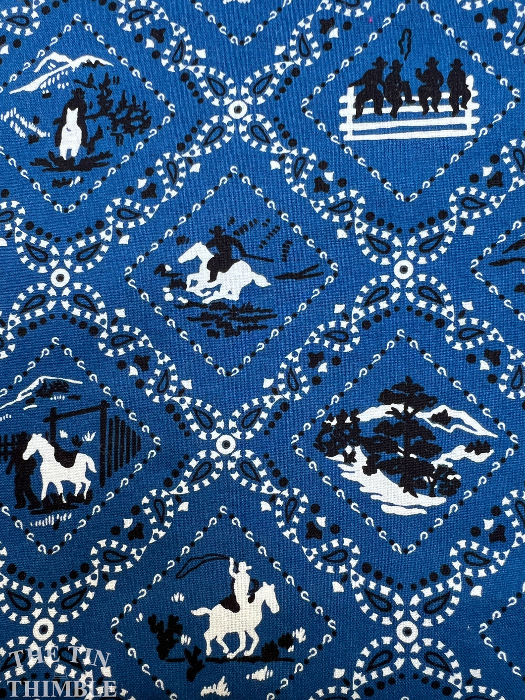 Vintage Blue Handkerchief/Bandana Cowboy Print Fabric - By the Yard - 100% Cotton - 43