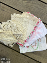 Load image into Gallery viewer, Vintage and Antique Linen Scrap Bundle - Grab Bag of Flawed Doilies, Tablecloths, Napkins, Bits and Pieces, Lace and More - LSB34
