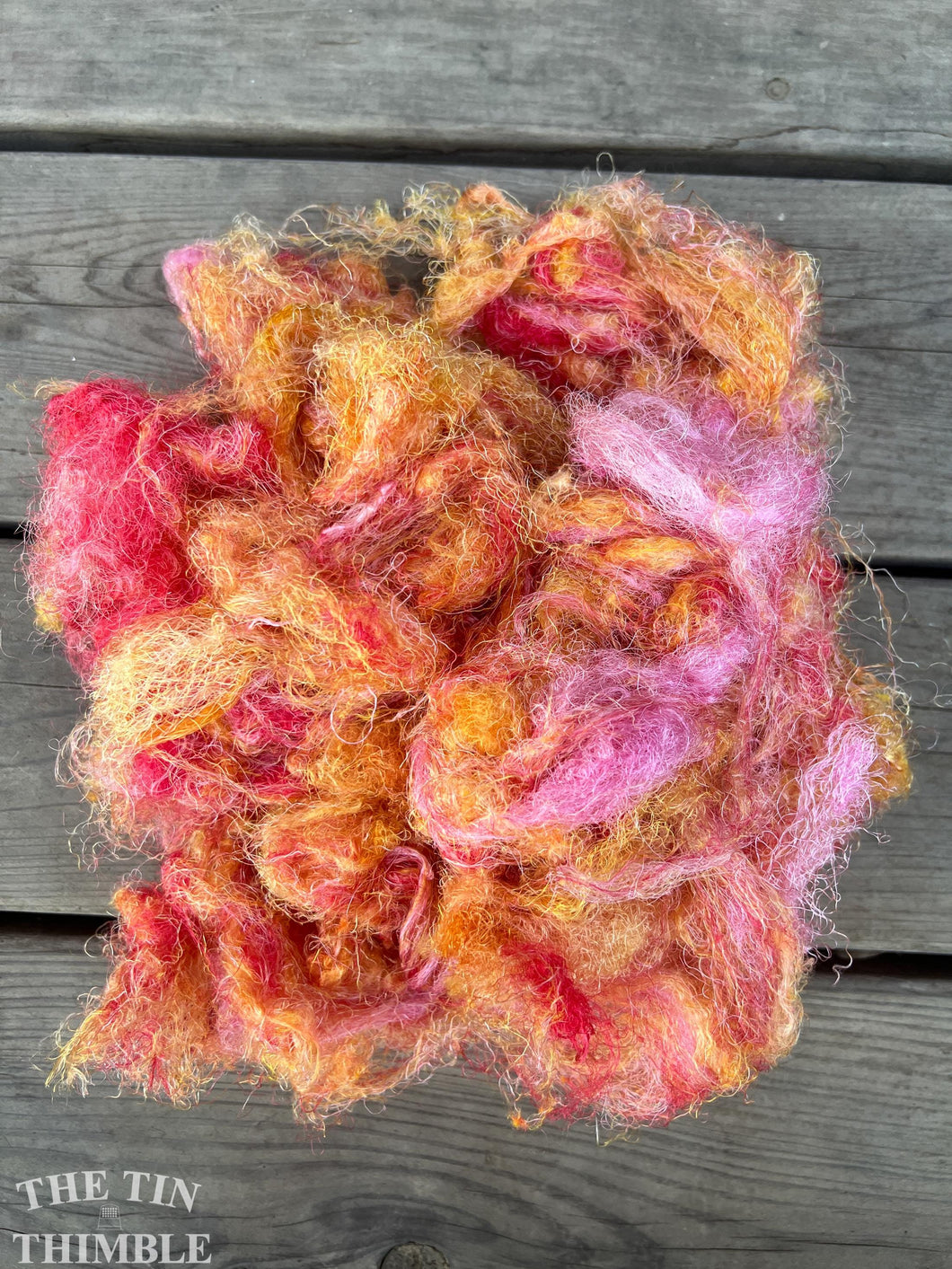 Hand Dyed Throwsters Waste Silk / 1/8 Ounce of 100% Silk Threads in the color 'Tropicana’