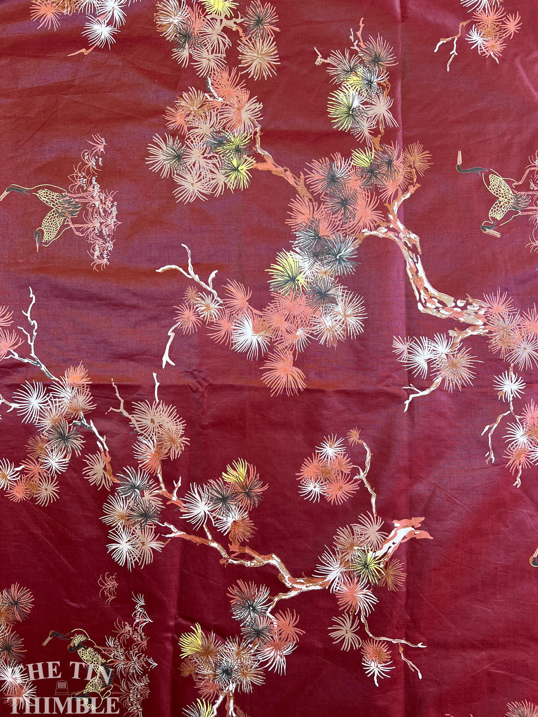 Authentic Vintage Mid Century Polished Cotton - Asian Print with Cranes and Pine Trees - 100% Cotton - 1 Yard 17