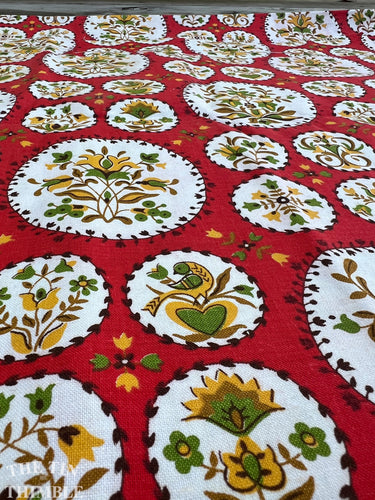 Vintage 1940s Printed 100% Cotton Fabric - Red and White Bird, Flower and Circle Print