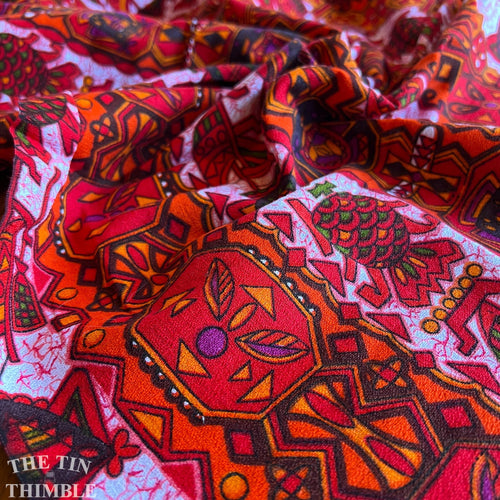 Vintage Authentic Polynesian Print Fabric - By the Yard - Red and Orange Hawaiian Fabric - Textured Polyester Fabric