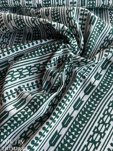 White and Green Tribal Stripe Cotton Fabric - By the Yard - Green and White / Quilting Cotton / Vintage Stripe / Striped Fabric