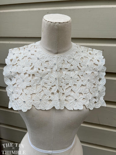 1980s Lace and Sequin Collar or Yoke - Floral Motif Cotton - Embroidered