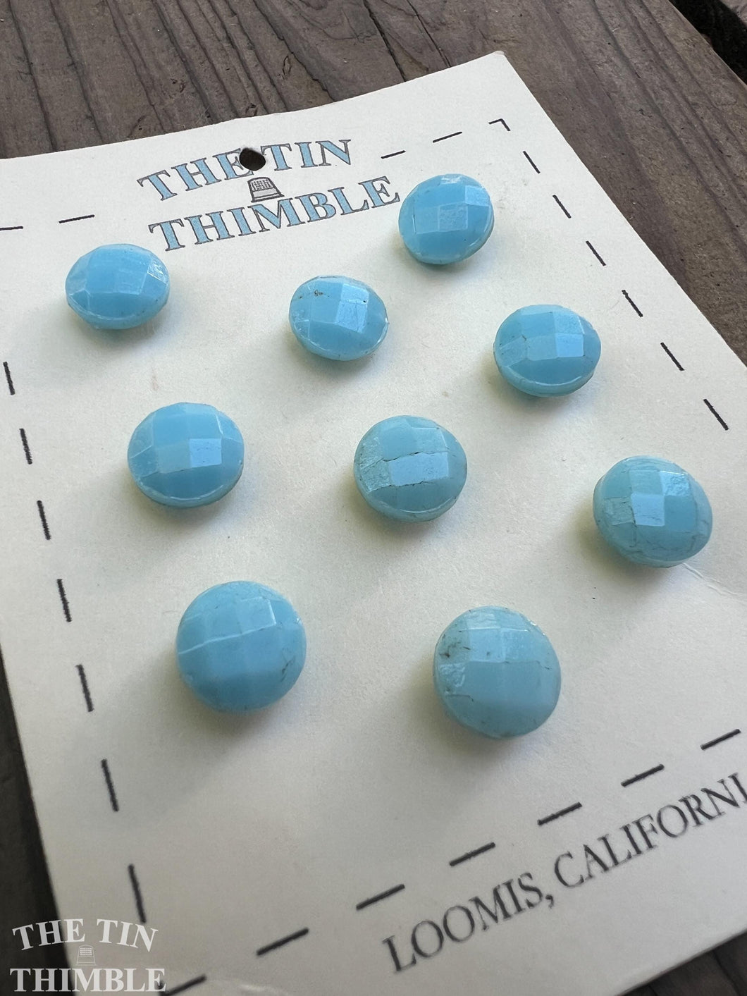 Authentic Vintage Powder Blue Faceted Glass Buttons - Card of Nine - 10mm or 3/8 Inch