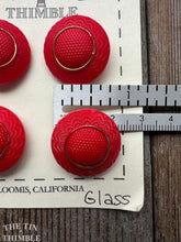 Load image into Gallery viewer, Authentic Vintage Red with Gold Trim Molded Glass Buttons - Card of Four - 23mm or 7/8 Inch
