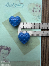 Load image into Gallery viewer, Heart Shaped Glass Buttons - Card of Two - Authentic Vintage 1930s Blue Heart Buttons - 15mm (about 9/16ths)
