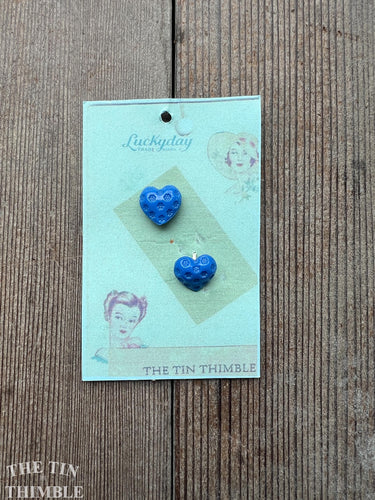 Heart Shaped Glass Buttons - Card of Two - Authentic Vintage 1930s Blue Heart Buttons - 15mm (about 9/16ths)