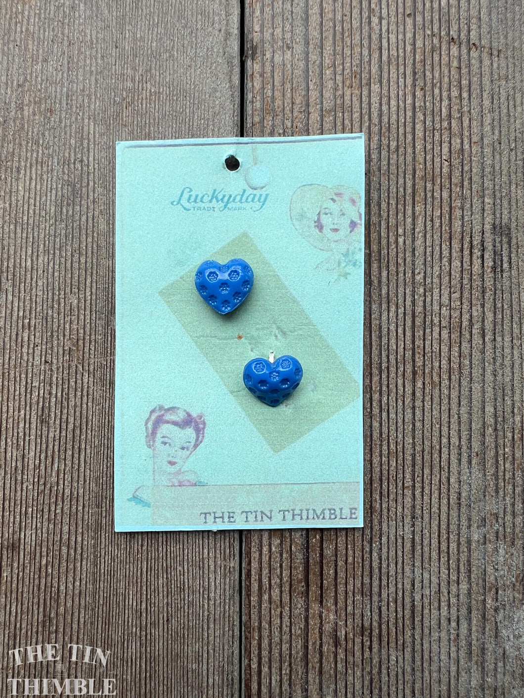 Heart Shaped Glass Buttons - Card of Two - Authentic Vintage 1930s Blue Heart Buttons - 15mm (about 9/16ths)