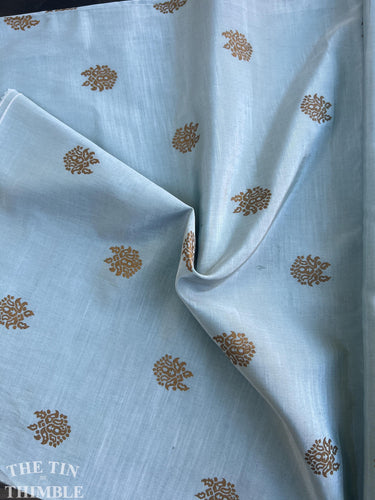 Authentic Vintage 1950s Printed Cotton/Silk Blend - Sky Blue with Metallic Gold Medallion Print - Banaras