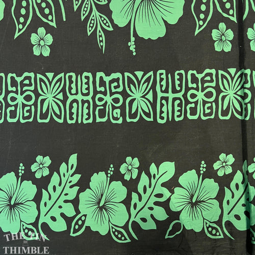 Double Border Print Fabric Hawaiian Polynesian Black Green - 1 7/8 Yards - Fabric Yardage / Vintage Yardage / Cotton Fabric