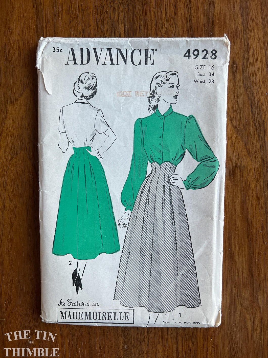 1940s Advance #4928 Sewing Pattern - Size 16 - Bust 34