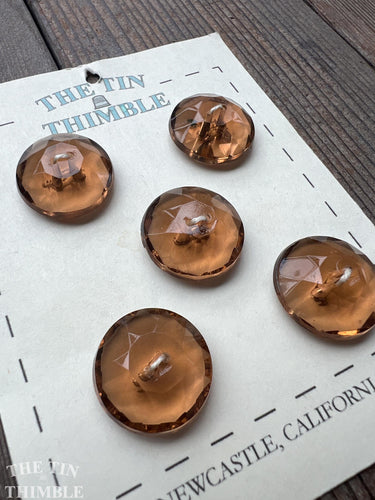 Glass Buttons - Authentic Vintage Buttons in Clear Brown Faceted Glass - Two Hole - Card of Five - 20mm or 3/4 Inch