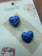 Load image into Gallery viewer, Heart Shaped Glass Buttons - Card of Two - Authentic Vintage 1930s Blue Heart Buttons - 15mm (about 9/16ths)
