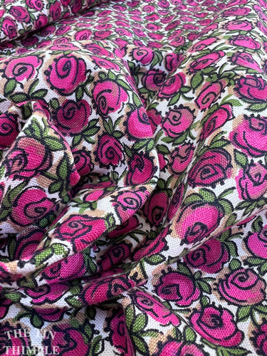 Vintage Rose Print Cotton - By the Yard - Pink Rose Print Floral Authentic Vintage Fabric