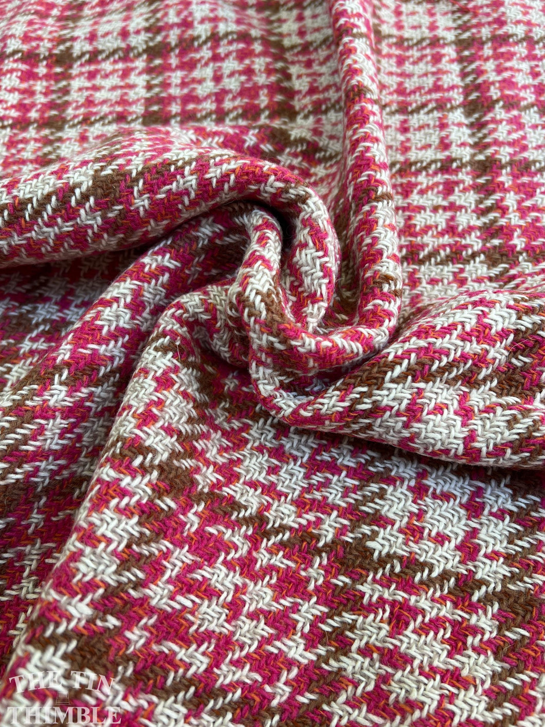 Authentic Vintage 1960s Wool Poly Blend Fabric - Large Pink Plaid - 56