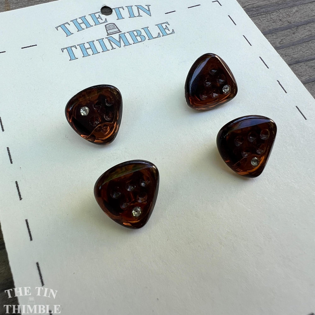 Antique Glass Buttons - 12mm Rootbeer Brown and Rhinestone Glass Buttons - 1930s - Four