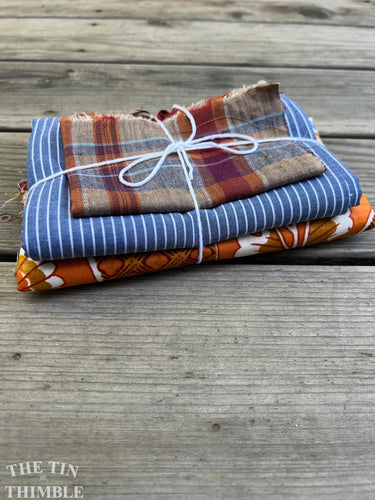 Fabric Scrap Bundle / Vintage and New Fabric Scraps / Cotton Fabric Destash Grab Bag / SB327 / Blue and Orange