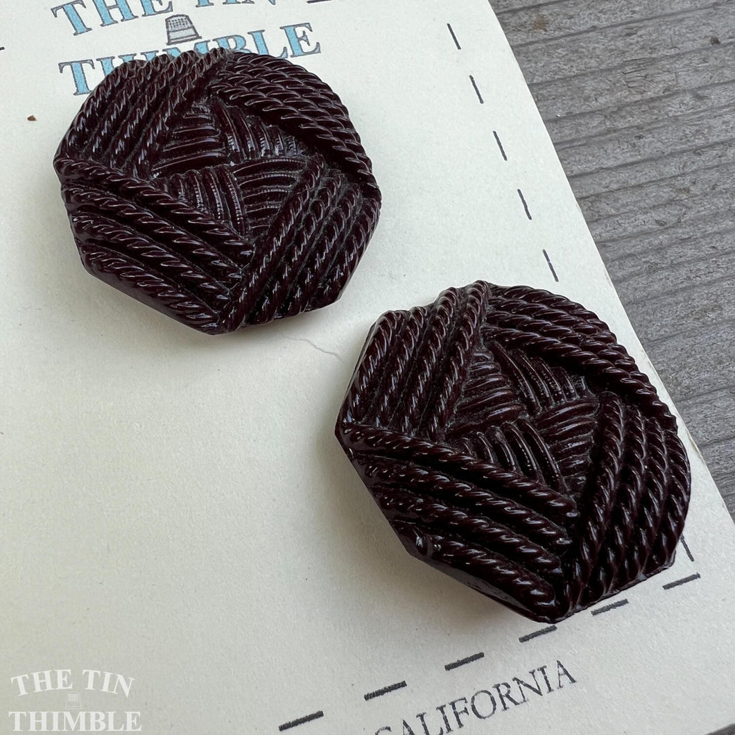 Authentic Vintage Brown Glass Rope Buttons - Card of 2 - 30mm or 1 1/8 Inch