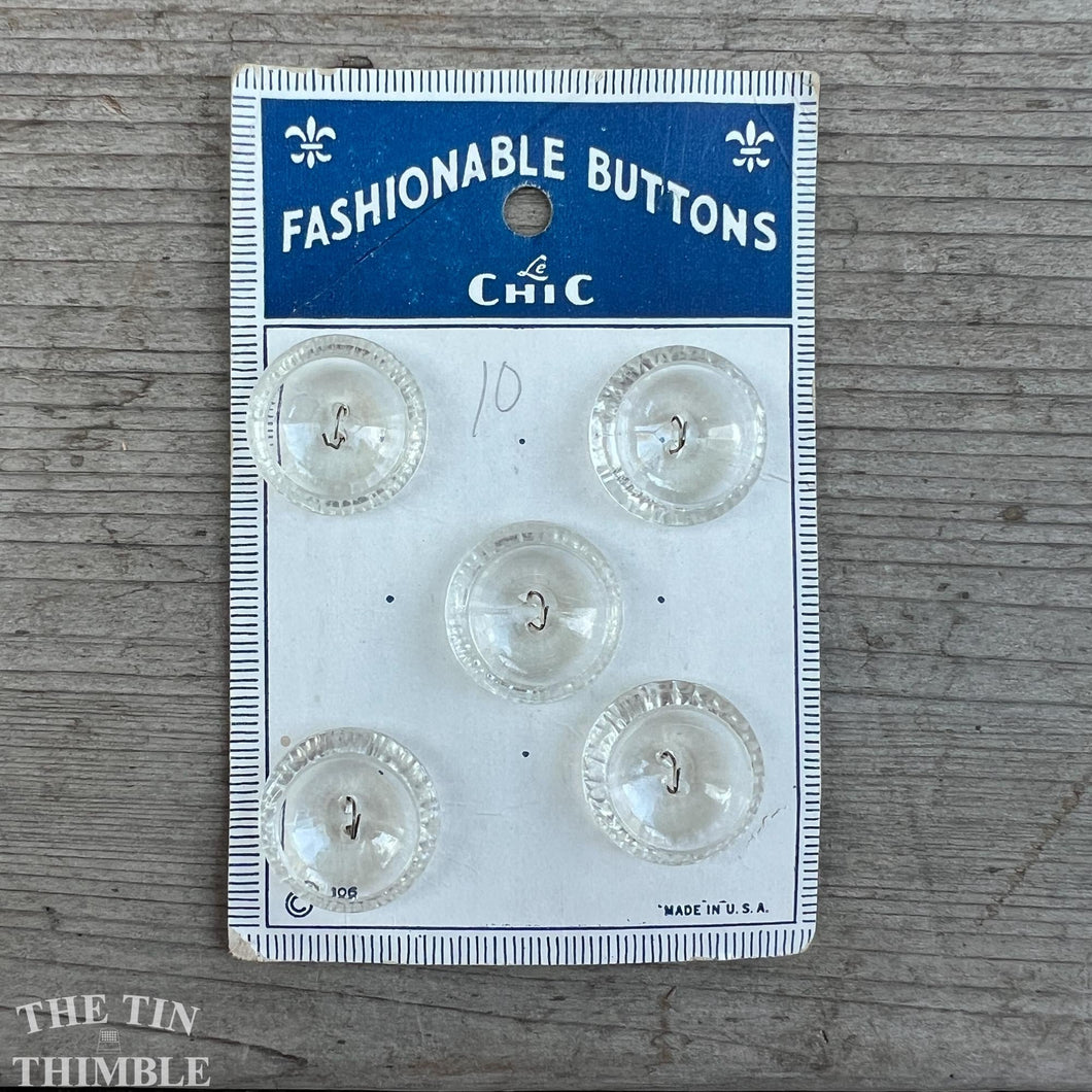 Vintage Plastic 'Fashionable Buttons' Clear Plastic Buttons - Card of 5 - 20mm or 3/4 Inch