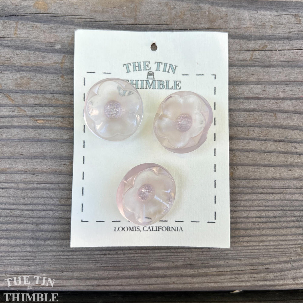 Vintage Buttons - Clear/Lavender Plastic Floral Buttons - Card of Three - 25mm or 1 Inch