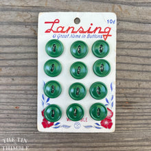 Load image into Gallery viewer, Vintage Buttons - Green Plastic Lansing Plastic Buttons - Card of Twelve - 14mm or 1/2 Inch
