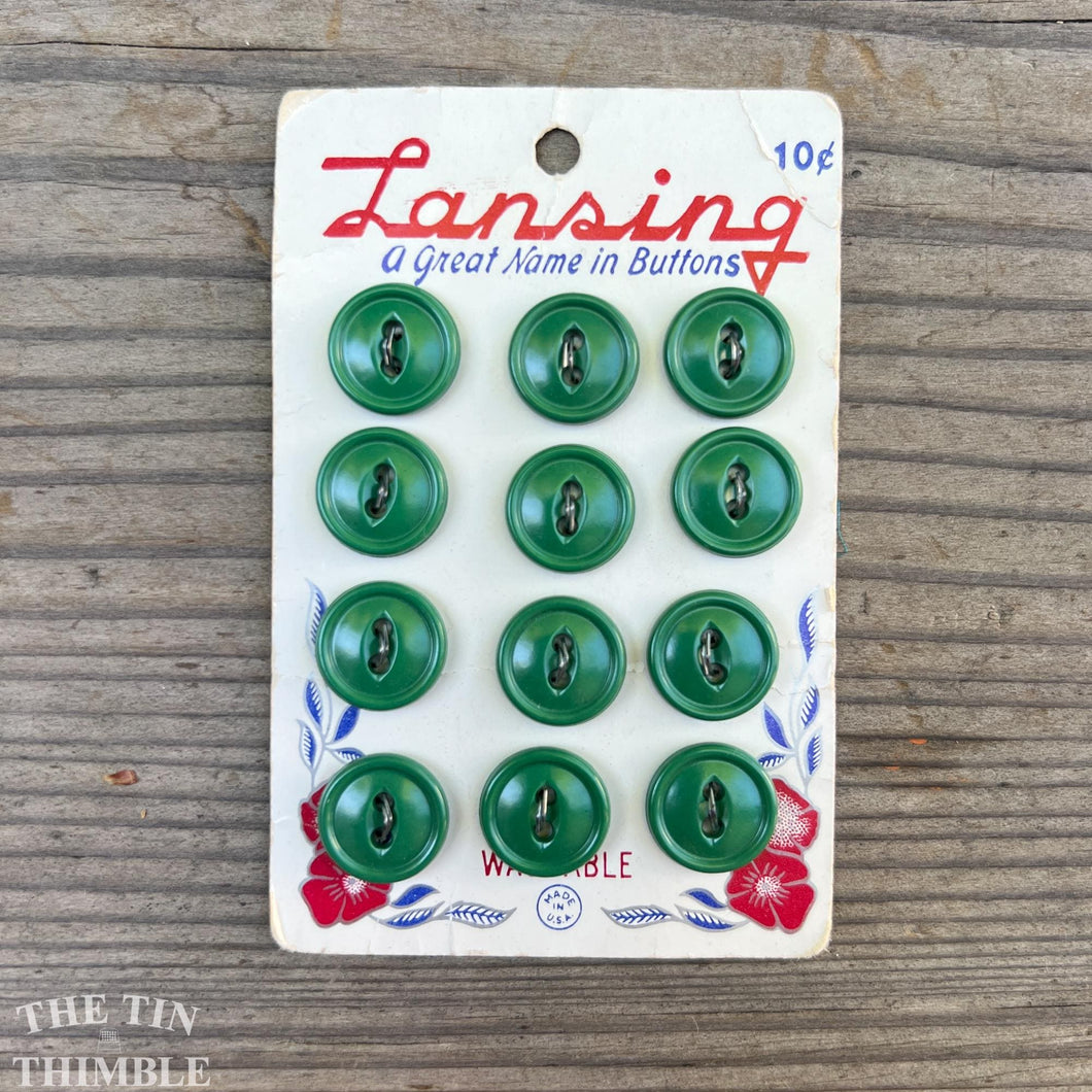 Vintage Buttons - Green Plastic Lansing Plastic Buttons - Card of Twelve - 14mm or 1/2 Inch