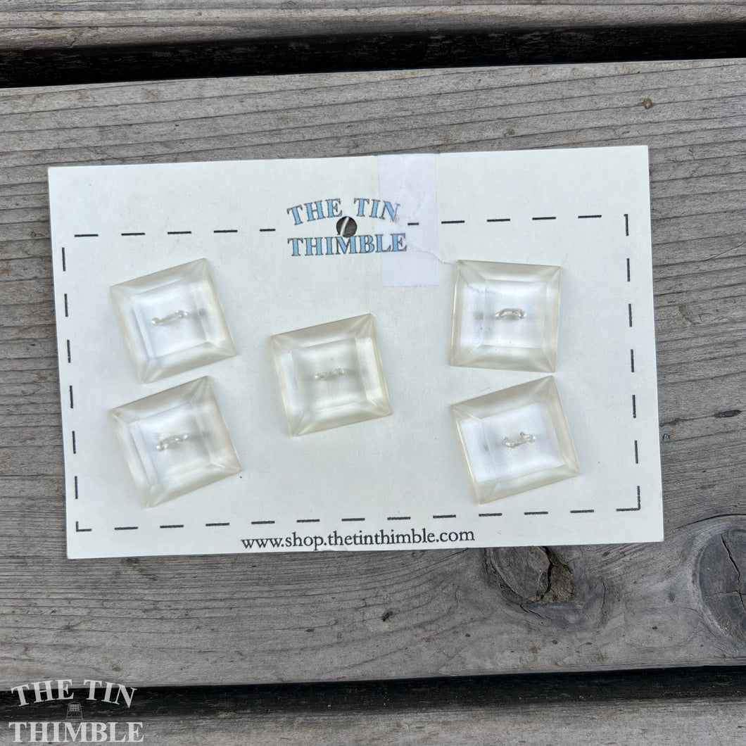 Vintage Plastic Square Clear Plastic Buttons - Card of 5 - 24mm or 1 Inch