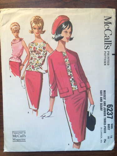 Vintage 1962 McCall's Misses Blouse, Skirt, Jacket and Scarf Pattern #6237 Size 12 Bust 32 Vintage McCall's Pattern / 60s McCall's