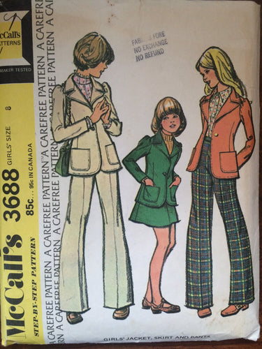 Vintage 1970 McCall's Girl's' Pants, Jacket and Skirt Pattern #3688 Size 12 Bust 30