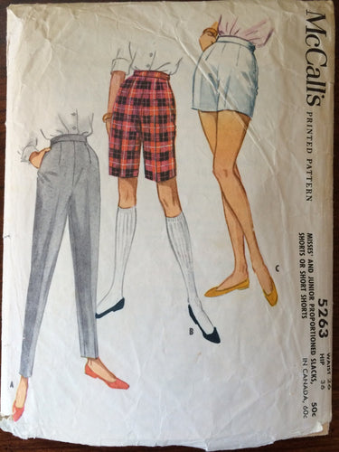 1950's Pants Pattern / Shorts Pattern / Bermuda Shorts / McCall's 5263 / Waist 26 Hip 36 / Vintage Sewing Pattern / Cigarette Pants