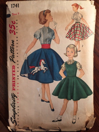 Poodle Skirt Pattern Vintage 1950s Simplicity #1741 Girls Jumper Blouse Size 8 Bust 26