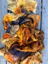 Load image into Gallery viewer, Hand Dyed Silk Mulberry Lap Fiber for Spinning or Felting in Pansy / Gold &amp; Purple 100% Silk Laps Similar to Silk Hankies

