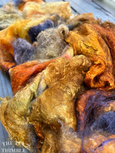 Load image into Gallery viewer, Hand Dyed Silk Mulberry Lap Fiber for Spinning or Felting in Pansy / Gold &amp; Purple 100% Silk Laps Similar to Silk Hankies
