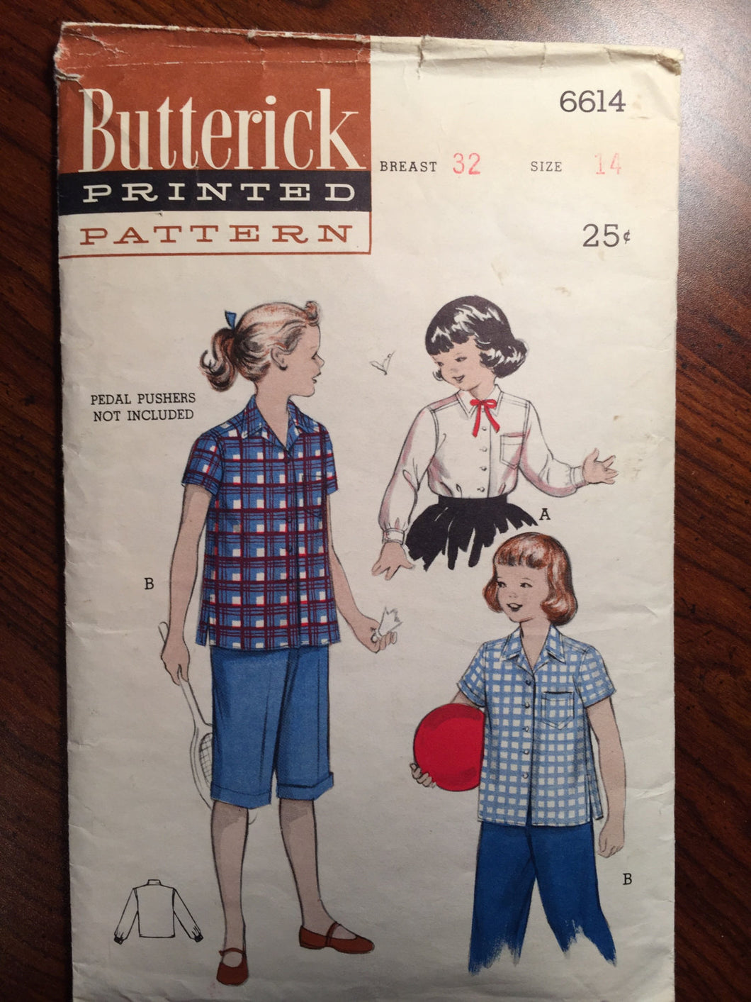 Vintage 1950s Butterick Girl's Blouse Pattern #6614 Size 14, Breast 32