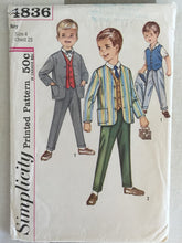 Load image into Gallery viewer, Boys Suit Pattern / Simplicity 4836 / Boys Pants Pattern / Boys Jacket Pattern / Size 4 Chest 23 - 1970s Suit Pattern / Shirt-Jacket
