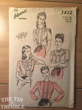 Load image into Gallery viewer, 1940s Vintage Advance Blouse Pattern 3652 Size 16 Bust 34 - 1940s Advance / 40s Advance / 1940s Blouse / Ruffled Blouse Pattern
