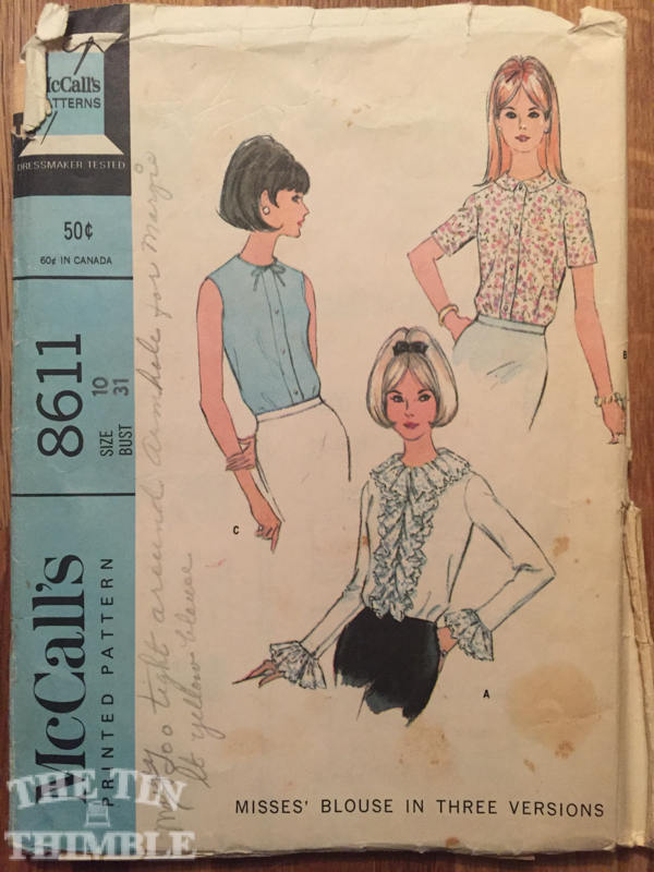 Vintage 1960's McCall's Blouse in 3 Versions Pattern #8611 Size 10 Bust 31
