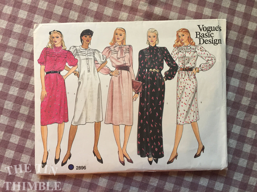 1980's Dress Pattern / Vintage Sewing Pattern / Vogue 2896 / Size 12 Bust 34 - Secretary Dress / Pleated Yoke / Puff Sleeve Dress