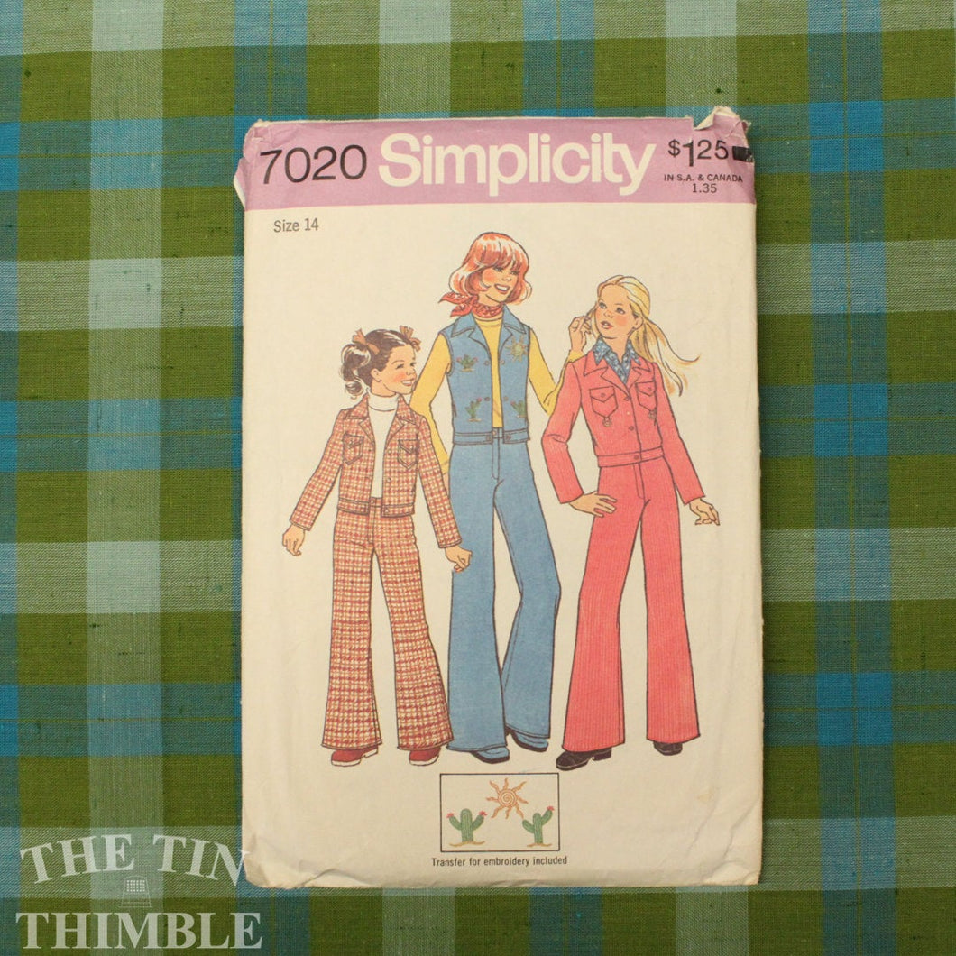 Vintage Sewing Pattern / 1970s Pants Pattern / Simplicity 7020 / Bust 32 / Size 14 / Flared Pants / Bell Bottom Pants / Jacket / QUICK LIST