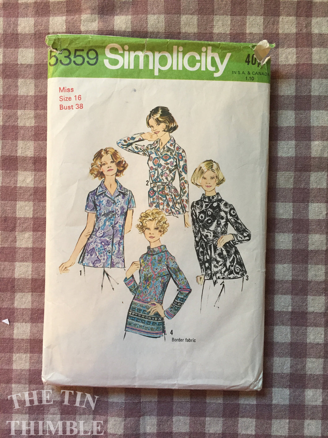 Vintage Sewing Pattern / 1970s Blouse Pattern / Simplicity 5359 / Size 16 Bust 38 - Bias Roll Collar / 1970 Fashion / Border Print Blouse