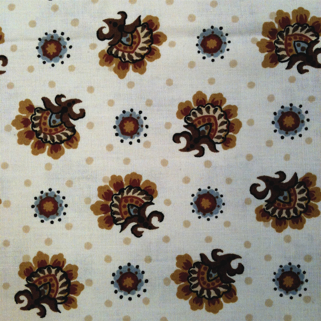 Vintage Fabric / 1970's Fabric / Floral Fabric / Medallion Fabric -1 3/8 Yards- Cotton Fabric / Cream Brown Fabric / Jacobean Fabric