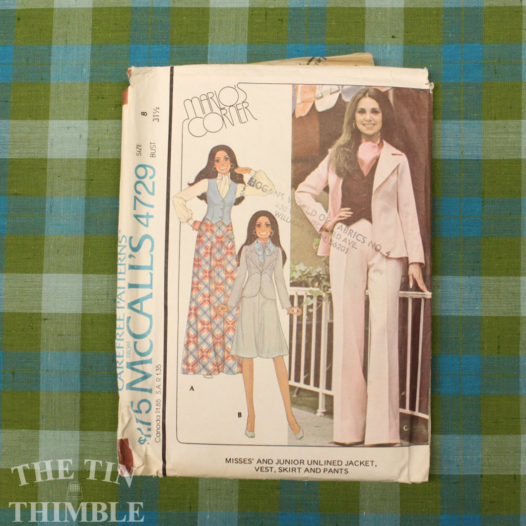 1970's Sewing Pattern / Vintage Pattern /Mario's Corner / McCall's 4729 / Vest Pattern / Pants Pattern / Jacket Pattern / Skirt /QUICK LIST